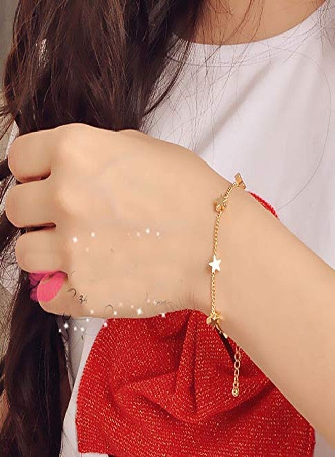 سوار نسائي QIAN0813 بتصميم بسيط وأنيق مطلي بالذهب، مزين بخمس نجوم وقلب، سوار سلسلة رفيعة، سوار أنيق مناسب للحفلات والمناسبات. - Image 5